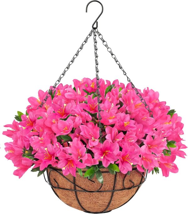 Ouddy Decor Artificial Hanging Flowers In Basket, Silk Azalea Flowers With Coconut Lining Hanging Baskets Outdoor Hanging Plants Spring Flowers For Yard Patio Front Porch Home Decor, Fuchsia