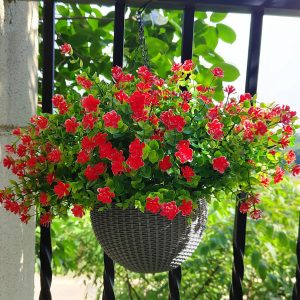Grunyia 12 Bundles Artificial Flowers For Outdoors, Uv Resistant Flowers With Plastic Plants, Faux Flowers For Outside Window Box Front Porch Hanging Planter Decor (Red)