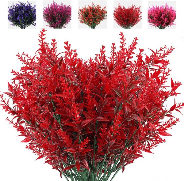 Recutms 8 Bundles Artificial Flowers Outdoor Plants Faux Uv Resistant Lavender Flower Plastic Shrubs Indoor Outside Hanging Decorations (Fuchsia)