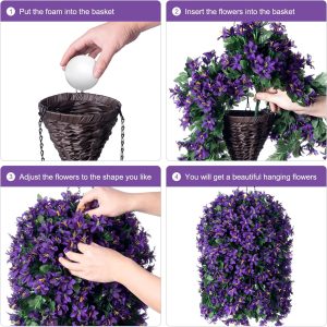 Artificial Hanging Plants Flowers Basket For Outdoor Outside Porch Decor, Faux Silk Realistic Uv Resistant Purple Long Vines In Planter For Patio Balcony Yard Home