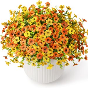 Artificial Faux Plants Flowers Outdoor Fall Decoration, 12 Bundles Silk Colorful Daisy Flowers Look Real Uv Resistant No Fade For Garden Porch Window Box Pot Planters Decor(Orange Yellow)