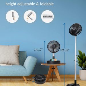 Primevolve Battery Operated Portable Standing Fan, Rechargeable Usb Personal Floor Fan With Adjustable Height Black