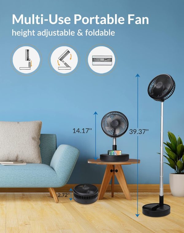 Primevolve Battery Operated Portable Standing Fan, Rechargeable Usb Personal Floor Fan With Adjustable Height Black