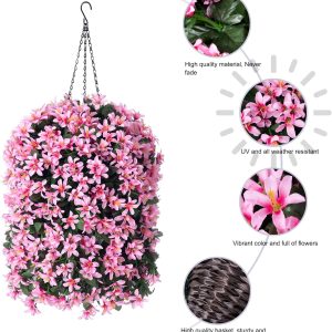 Artificial Faux Hanging Outdoor Plants Flowers Basket For Spring Decoration, Silk Realistic Uv Resistant Pink Long Vines Planter For Outside Home Porch Patio Balcony Yard Decor