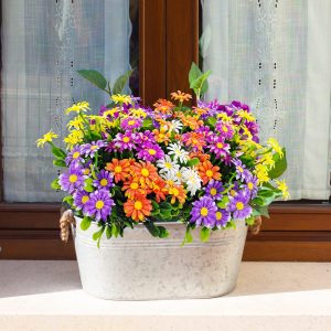 10 Bundles Artificial Daisies Plastic Flowers Outdoor Uv Resistant Daisy Faux Plants For Home Window Box Garden Planter Indoor Outside Decorations (Multi-Color)