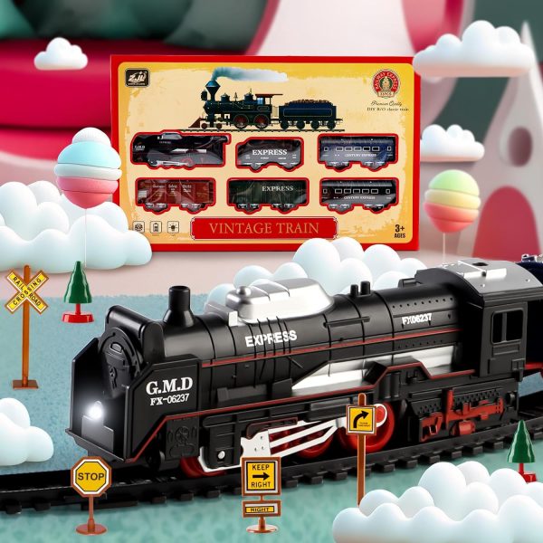 Deao Train Set With Light For Kids, Cargo Cars And Long Track For Boys & Girls Aged 3-12, Train Toys Railway Kits With Signposts & Trees, Electric Train Race Track Playset,Great Birthday & Xmas Gifts