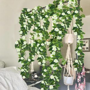 Cisdueo 2 Pcs Artificial Vines Silk Morning Glory Vines For Outdoor 15Feet Hanging Plants Garland White Green Plant Morning Glories For Home Decor Wall Fence Stairway Wedding Hanging Baskets