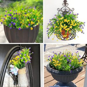 Cewor 9Pcs Artificial Flowers, Uv Resistant Faux Outdoor Flowers, Plastic Flowers For Cemetery Decoration Home Kitchen Bedroom Wedding Party Decor (Yellow, Purple, Green)