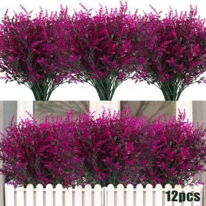 Recutms 8 Bundles Artificial Flowers Outdoor Plants Faux Uv Resistant Lavender Flower Plastic Shrubs Indoor Outside Hanging Decorations (Fuchsia)