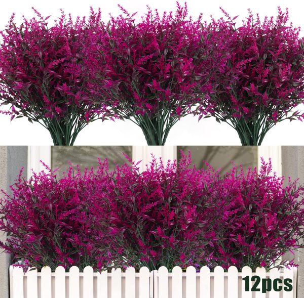 Recutms 8 Bundles Artificial Flowers Outdoor Plants Faux Uv Resistant Lavender Flower Plastic Shrubs Indoor Outside Hanging Decorations (Fuchsia)