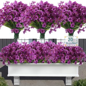 Satefello 20 Bundles Artificial Flowers For Outdoors, Uv Resistant Flowers With Plastic Plants, Faux Silk Flowers For Outside Window Box Front Porch Hanging Planter Decor-Purple