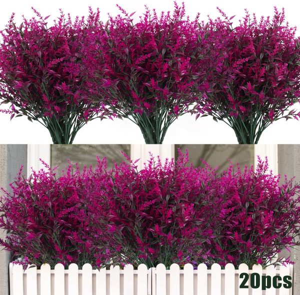 Recutms 8 Bundles Artificial Flowers Outdoor Plants Faux Uv Resistant Lavender Flower Plastic Shrubs Indoor Outside Hanging Decorations (Fuchsia)