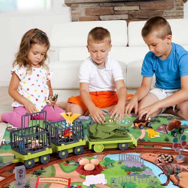 Dinosaur Toys Train Set For Kids Dinosaur Train Toy With Electric Locomotive & Track, 3 Pull Back Cars, Dino Eggs, Play Mat Birthday Christmas Train Toy Gifts For 3 4 5 6 7 8+ Year Old Kids