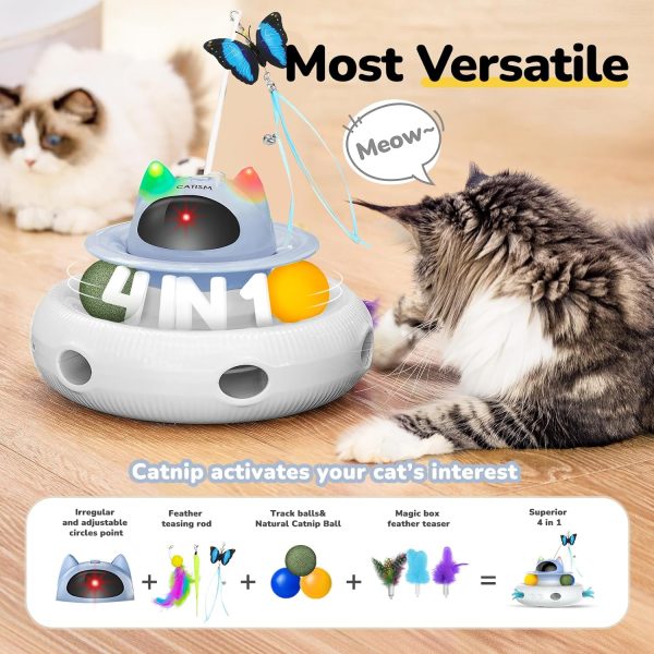 Catism Cat Toys,4-In-1 Interactive Toy,For Indoor Bored Adult Cats & Kittens,Self Play Automatic Feather Teaser ,Catnip Trackball,Laser Pointer,Random Pop-Up Mole Hole,Rechargeable Usb Power Blue