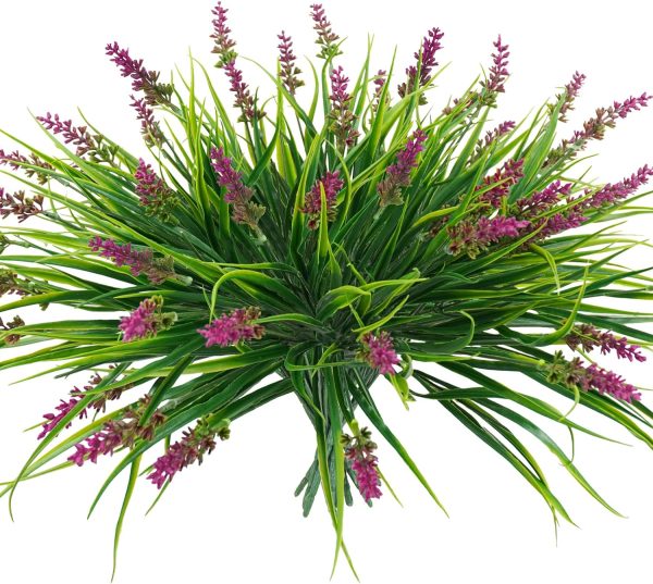 Obbsie 12 Bundles Artificial Plants Outdoor, 18.2" Uv Resistant Faux Monkey Grass Greenery Stems No Fade Faux Plastic Flowers Shrubs For Home Weddings Garden Porch Front Patio Office Decor - Purple