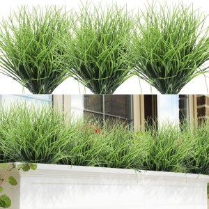 Slanc 8 Bundles Artificial Grass Plants Bushes Artificial Shrubs Wheat Grass Greenery For House Plastic Outdoor Uv Resistant Faux Grass (Pack Of 8)