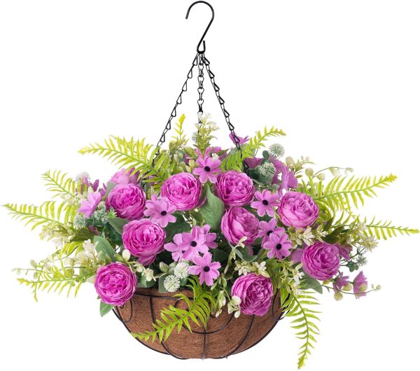 Ammyoo Artificial Flowers In Hanging Basket Planter For Home Spring Summer Decoration, Silk Hydrangea Outdoor Indoor Arrangements, 12" Metal Coconut Lining Basket With Faux Plant(Champagne)