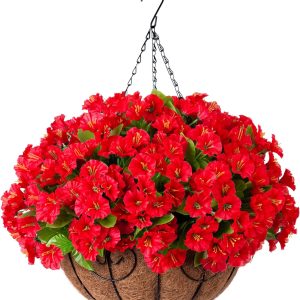 Ammyoo Artificial Hanging Plants Flowers With Basket For Spring Summer Outdoor Outside Decoration, Artificial Petunias Morning Glories Plants For Patio Garden Porch Deck Yard