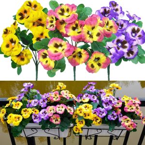 Qianyun Flowers Pansy Small Wild Flower Daisy 6 Bundles Faux Plastic Purple Flowers For Home Wedding Kitchen Garden Table Centerpieces Indoor Outdoor Decor (Mixed Color)