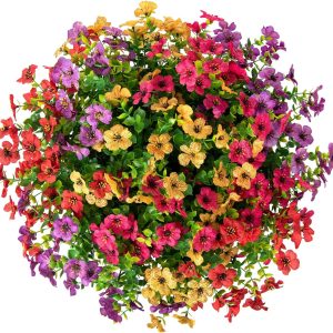 Hyeflora Artificial Faux Hanging Plants Flowers Basket For Summer Outdoor Outside Decoration, Silk Uv Sun Resistant Look Real Colorful Daisy Eucalyptus For Porch Home Patio Balcony Yard