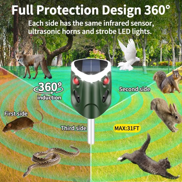 360° Solar Ultrasonic Animal Repellent, Cat Repellent Outdoor, 2024 Deer Deterrent Device With Motion Sensor& 3-Side Motion Flashing Light, Repel Dogs Bird Skunk Rabbit Squirrels For Yard Garden