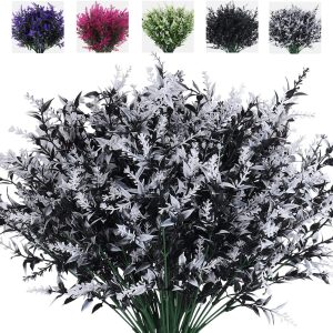 Recutms 8 Bundles Artificial Flowers Outdoor Plants Faux Uv Resistant Lavender Flower Plastic Shrubs Indoor Outside Hanging Decorations (Fuchsia)