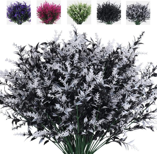 Recutms 8 Bundles Artificial Flowers Outdoor Plants Faux Uv Resistant Lavender Flower Plastic Shrubs Indoor Outside Hanging Decorations (Fuchsia)