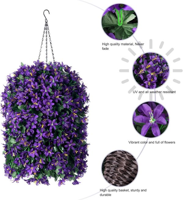 Artificial Hanging Plants Flowers Basket For Outdoor Outside Porch Decor, Faux Silk Realistic Uv Resistant Purple Long Vines In Planter For Patio Balcony Yard Home