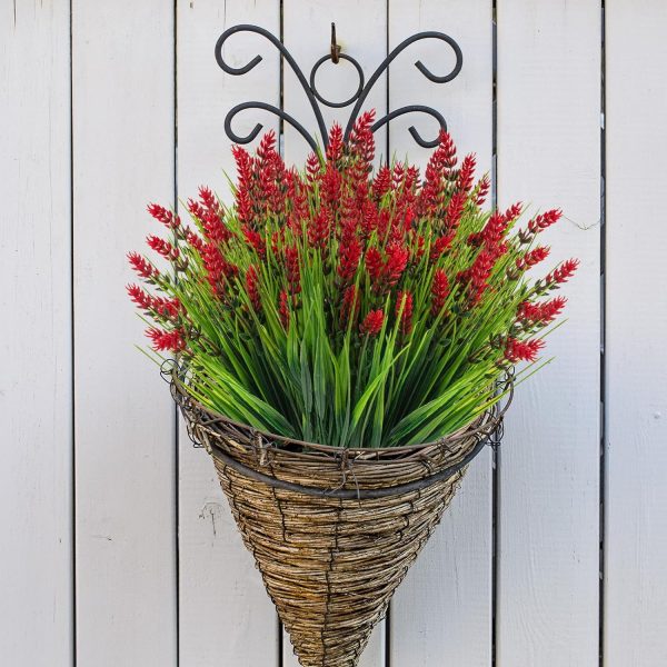 Zeostaro 12 Bundles Artificial Plants Outdoor Grass With Lavender Flowers Faux Uv Resistant Greenery Garden Patio Porch Window Box Farmhouse Hanging Decorating(Red)
