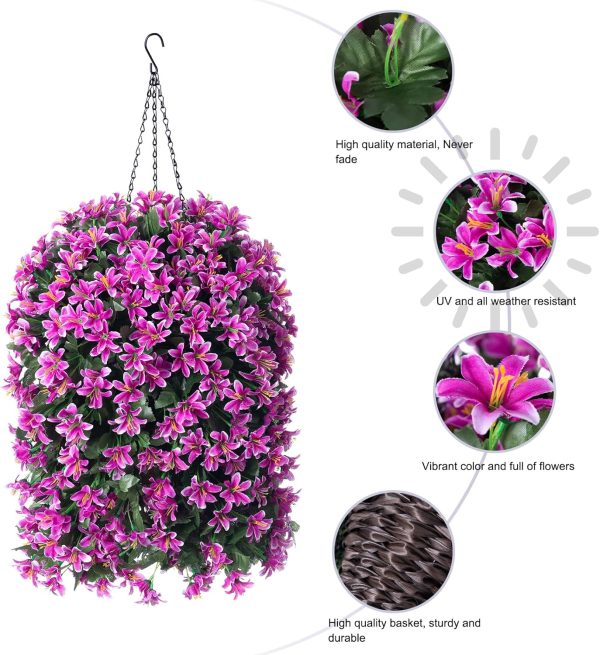 Artificial Faux Hanging Outdoor Plants Flowers Basket For Spring Decoration, Silk Realistic Uv Resistant Fuchsia Long Vines Planter For Outside Home Porch Patio