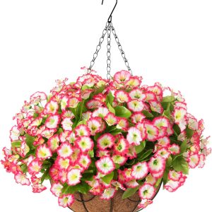 Ammyoo Artificial Hanging Plants Flowers With Basket For Spring Summer Outdoor Outside Decoration, Artificial Petunias Morning Glories Plants For Patio Garden Porch Deck Yard