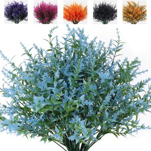 Recutms 8 Bundles Artificial Flowers Outdoor Plants Faux Uv Resistant Lavender Flower Plastic Shrubs Indoor Outside Hanging Decorations (Fuchsia)