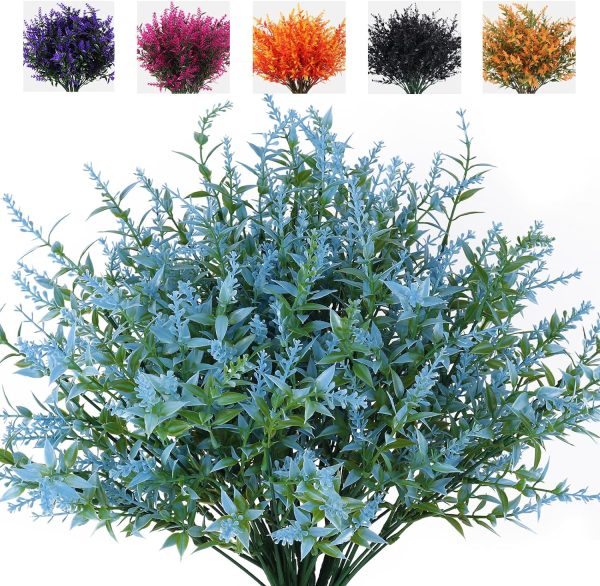 Recutms 8 Bundles Artificial Flowers Outdoor Plants Faux Uv Resistant Lavender Flower Plastic Shrubs Indoor Outside Hanging Decorations (Fuchsia)