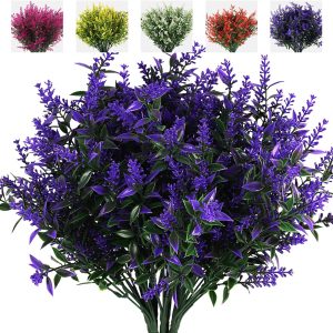 Recutms 8 Bundles Artificial Flowers Outdoor Plants Faux Uv Resistant Lavender Flower Plastic Shrubs Indoor Outside Hanging Decorations (Fuchsia)