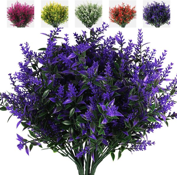 Recutms 8 Bundles Artificial Flowers Outdoor Plants Faux Uv Resistant Lavender Flower Plastic Shrubs Indoor Outside Hanging Decorations (Fuchsia)