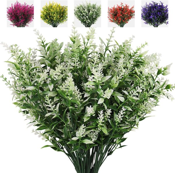 Recutms 8 Bundles Artificial Flowers Outdoor Plants Faux Uv Resistant Lavender Flower Plastic Shrubs Indoor Outside Hanging Decorations (Fuchsia)