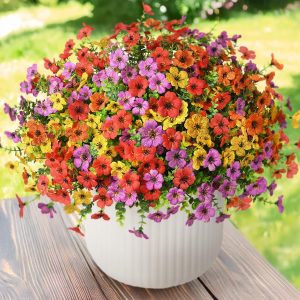 Artificial Faux Plants Flowers Outdoor Fall Decoration, 12 Bundles Silk Colorful Daisy Flowers Look Real Uv Resistant No Fade For Garden Porch Window Box Pot Planters Decor(Orange Yellow)