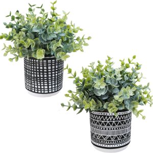 Winlyn 2 Pack Small Faux Eucalyptus Potted Plants Artificial Eucalyptus Greenery In Modern Hexagonal Ceramic Pots Small Plants 7.9