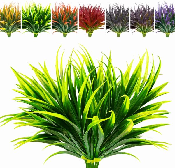 Aumveyi 8 Pcs Outdoor Plants Uv Resistant Artificial Tall Grass Plants Faux Tropical Flowers Bushes Shrubs For Outside Planters Patio Front Porch Décor Plastic Greenery Decoration, (Red)