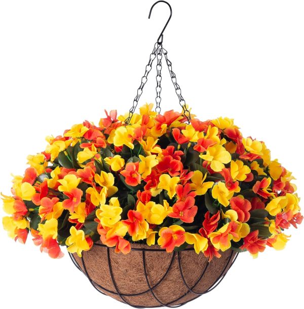Inxugao Artificial Hanging Flowers With 12" Basket Outdoor Spring Summer Decor, Hydrangea Uv Resistant Arrangements In Pot Planter Decor For Indoor Porch Garden Yard(Double Lotus)