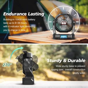 Conbola Portable Rechargeable Camping Fan For Tent With Led Lantern, 10-Inch Battery Operated Outdoor Fan With Hanging Hook, 270° Rotation, Small Quiet Personal Usb Cooling Fan For Travel, Fishing