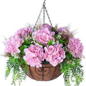 Ammyoo Artificial Flowers In Hanging Basket Planter For Home Spring Summer Decoration, Silk Hydrangea Outdoor Indoor Arrangements, 12