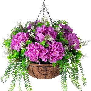 Ammyoo Artificial Flowers In Hanging Basket Planter For Home Spring Summer Decoration, Silk Hydrangea Outdoor Indoor Arrangements, 12