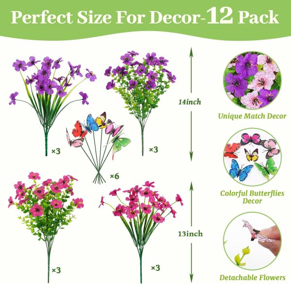Yastouay 12 Bundles Artificial Flowers For Outdoors, Uv Resistant Outdoor Flowers No Fade Faux Outdoor Flowers Plants For Garden Porch Window Box Pot Planters Decor (Fuchsia+Rose Red)