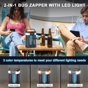 Solar Bug Zapper, 4200V Mosquito Zapper, Cordless & Rechargeable Bug Zapper Outdoor With Led Light, Portable Waterproof Electric Fly Zapper With Hook, For Patio Camping Backyard Garden