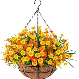 Ouddy Decor Artificial Hanging Flowers With Basket, Faux Silk Flowers In Coconut Lining Basket, Hanging Plants For Outdoors Indoors Garden Patio Yard Porch Lawn, Mixed Color