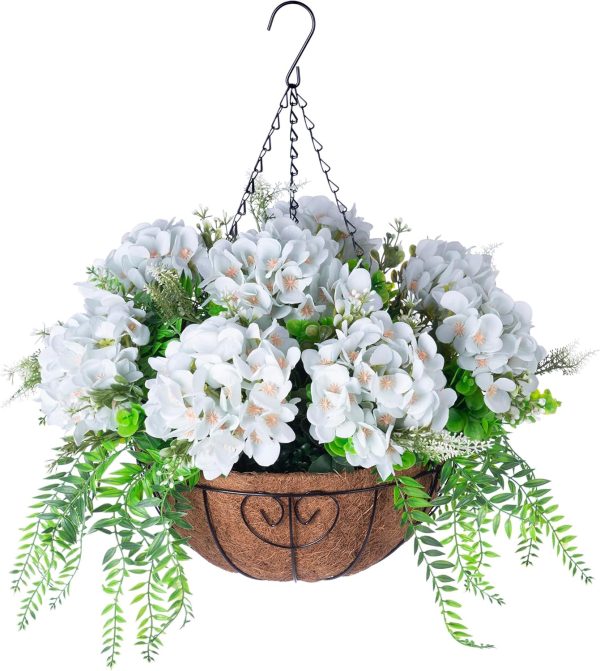 Ammyoo Artificial Flowers In Hanging Basket Planter For Home Spring Summer Decoration, Silk Hydrangea Outdoor Indoor Arrangements, 12" Metal Coconut Lining Basket With Faux Plant(Champagne)