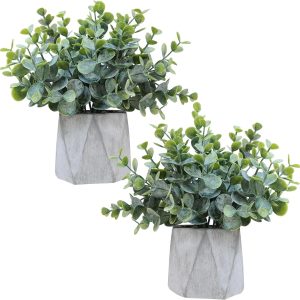 Winlyn 2 Pack Small Faux Eucalyptus Potted Plants Artificial Eucalyptus Greenery In Modern Hexagonal Ceramic Pots Small Plants 7.9" Tall For Office Desktop Wedding Home Indoor Shelf Table Décor