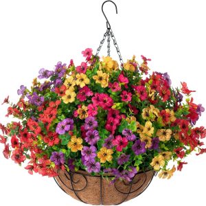 Hyeflora Artificial Faux Hanging Plants Flowers Basket For Summer Outdoor Outside Decoration, Silk Uv Sun Resistant Look Real Colorful Daisy Eucalyptus For Porch Home Patio Balcony Yard