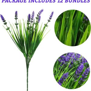 12 Bundles Artificial Plants Outdoor, Uv Resistant Monkey Grass With Lavender Flowers Greenery Stems No Fade Faux Shrubs For Home Garden Window Box Porch Front Patio Office Decor - Purple